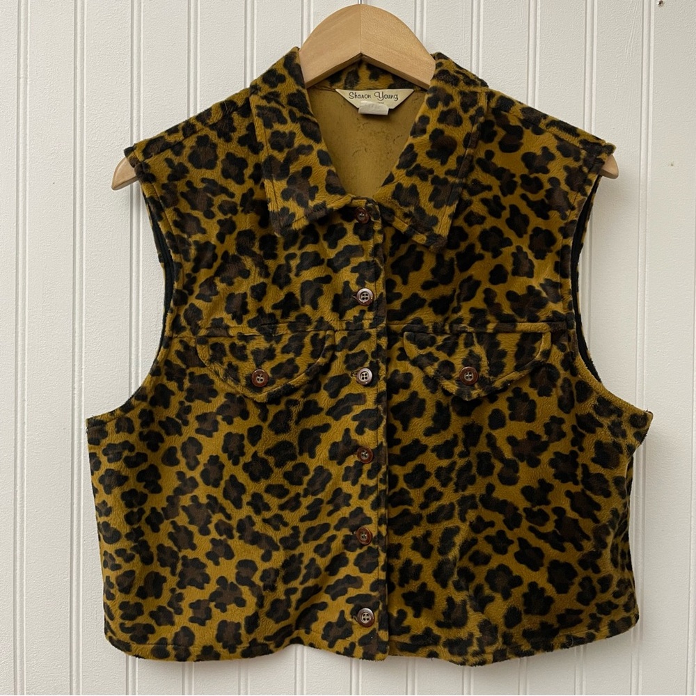 Vintage 90s waistcoat vest top size L leopard animal print faux tortoise buttons